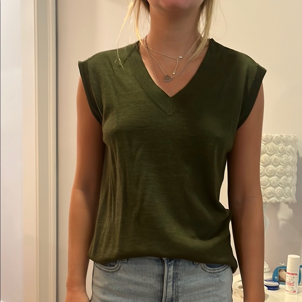 “Closed” Olive Green Women's V-Neck Top